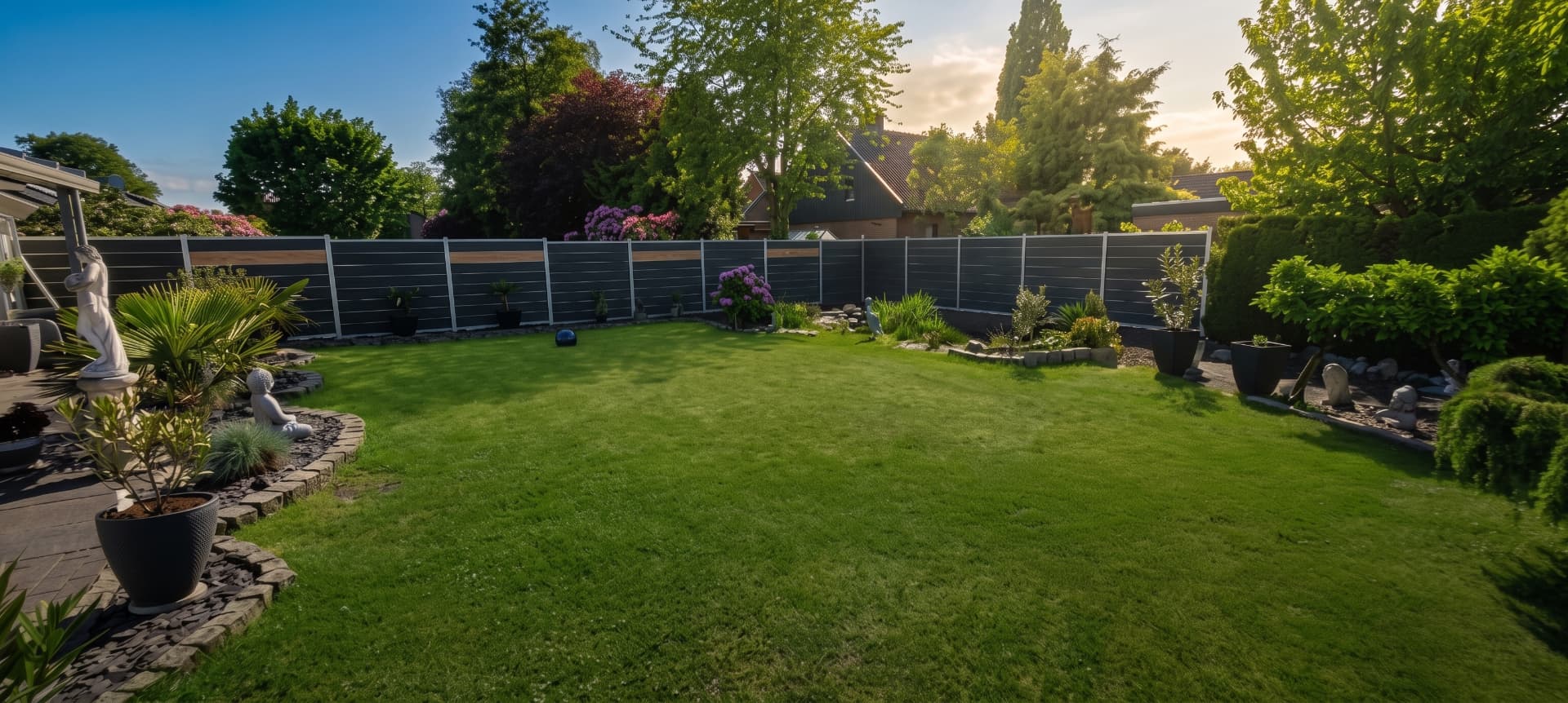 Gepflegter Garten mit gemähtem Rasen, modernem Zaun und Blumenbeeten